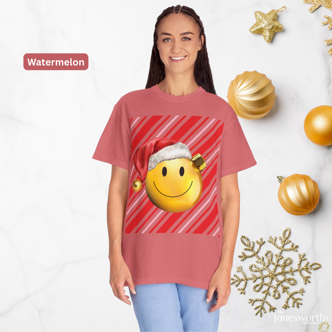 Smiley Face Comfort Colors Santa Ornament Christmas  T-Shirt | Candy Cane Holiday Tee