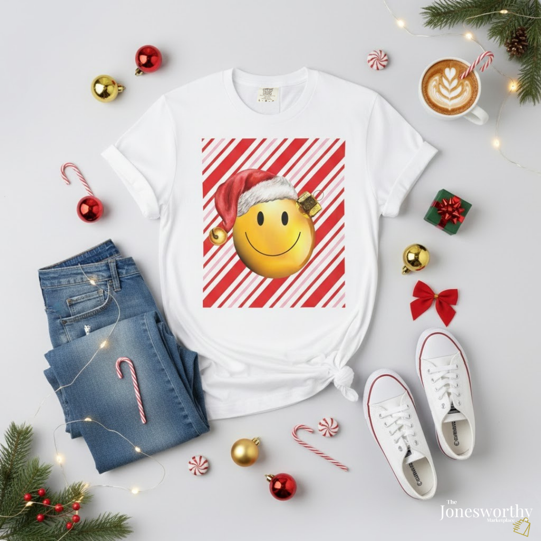 Smiley Face Comfort Colors Santa Ornament Christmas  T-Shirt | Candy Cane Holiday Tee