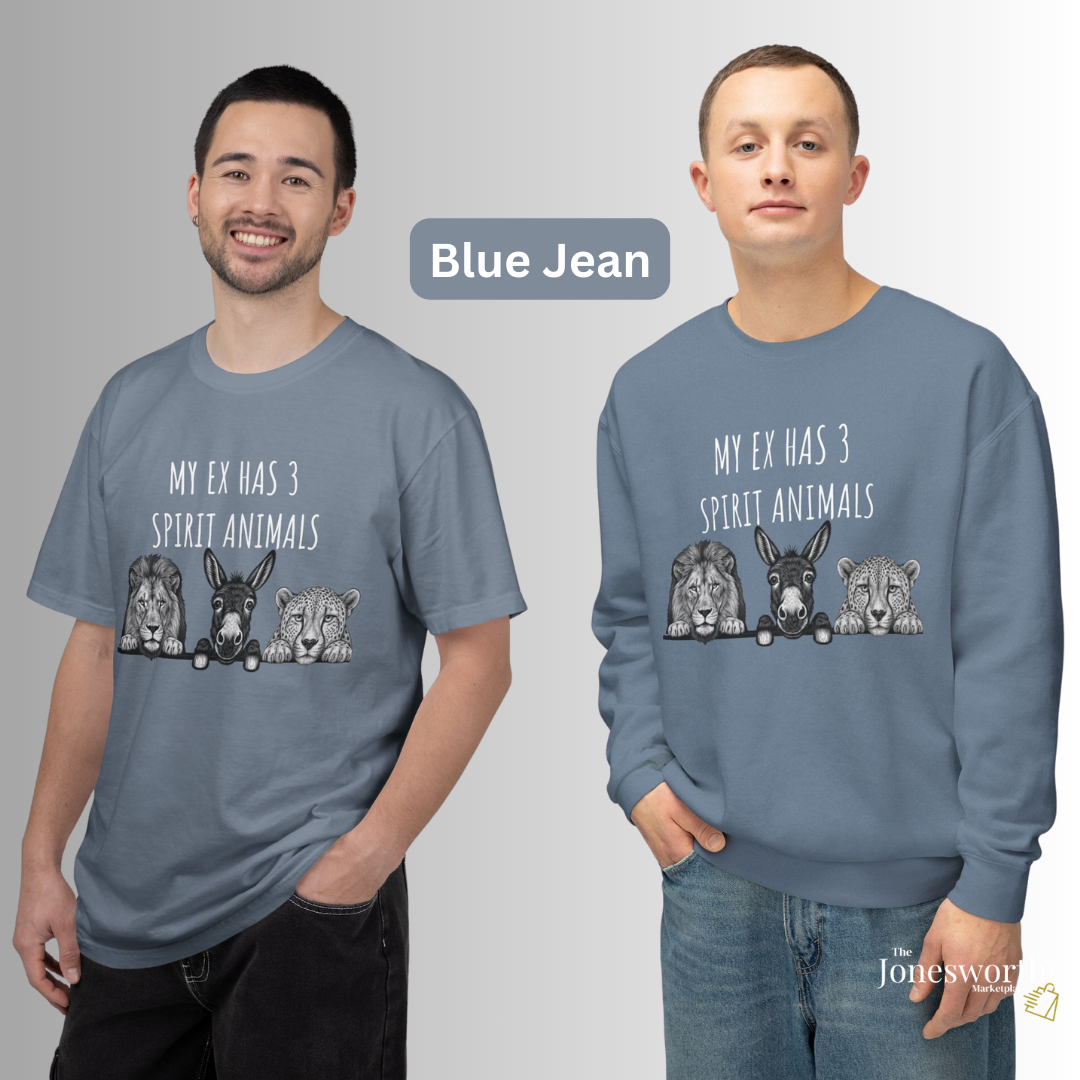 My Ex Has 3 Spirit Animals Shirt | Lion, Ass, Cheetah | Funny Ex Humor Tee & Sweatshirt | Unisex Comfort Colors Graphic Shirt