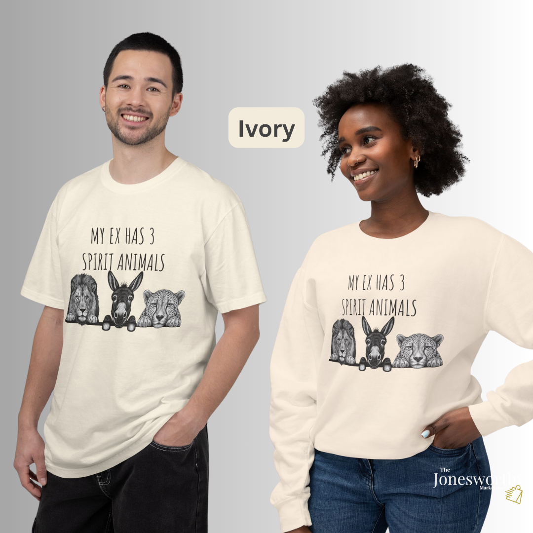 My Ex Has 3 Spirit Animals Shirt | Lion, Ass, Cheetah | Funny Ex Humor Tee & Sweatshirt | Unisex Comfort Colors Graphic Shirt