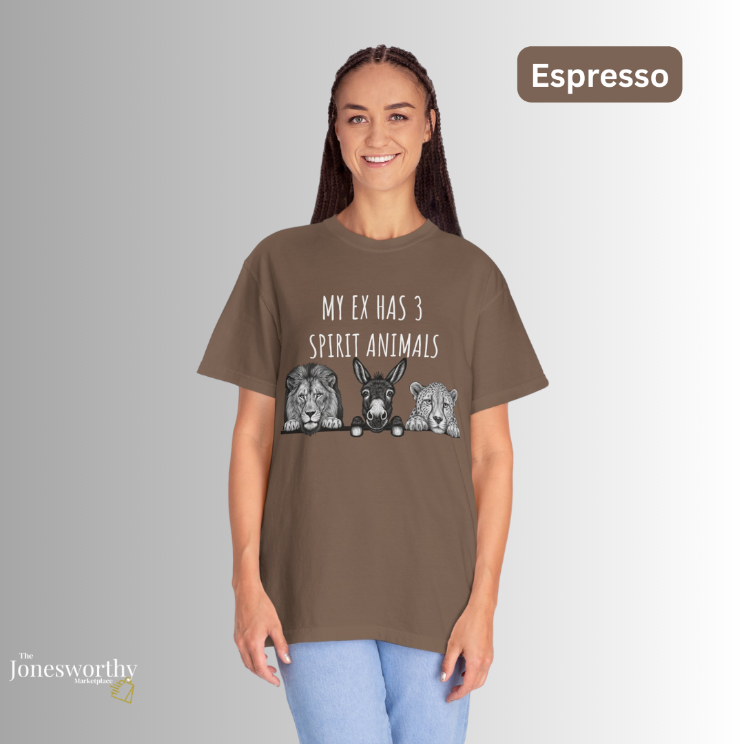 My Ex Has 3 Spirit Animals Shirt | Lion, Ass, Cheetah | Funny Ex Humor Tee & Sweatshirt | Unisex Comfort Colors Graphic Shirt