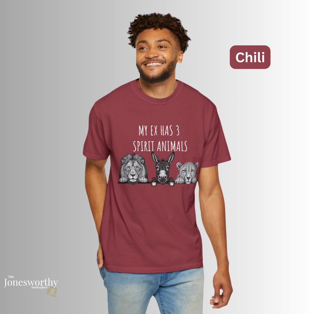 My Ex Has 3 Spirit Animals Shirt | Lion, Ass, Cheetah | Funny Ex Humor Tee & Sweatshirt | Unisex Comfort Colors Graphic Shirt