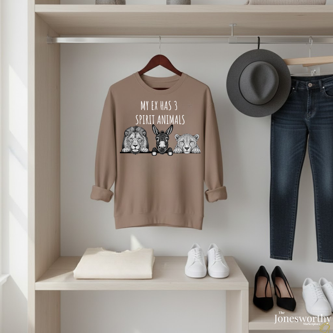 My Ex Has 3 Spirit Animals Shirt | Lion, Ass, Cheetah | Funny Ex Humor Tee & Sweatshirt | Unisex Comfort Colors Graphic Shirt