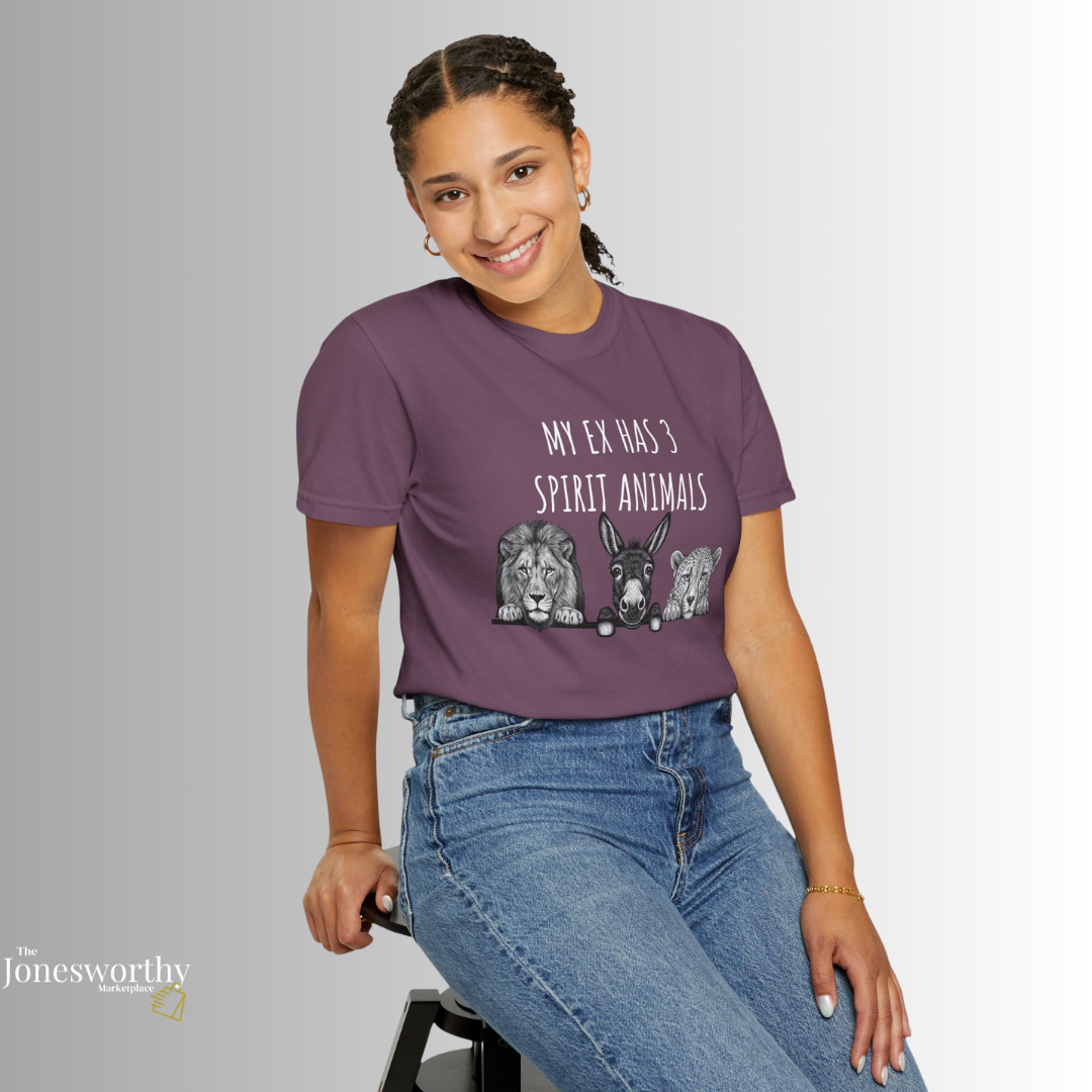 My Ex Has 3 Spirit Animals Shirt | Lion, Ass, Cheetah | Funny Ex Humor Tee & Sweatshirt | Unisex Comfort Colors Graphic Shirt