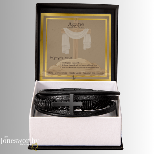 Agape Love Men's ✝️ Christian Cross Bracelet – Faith-Based Leather Bracelet Gift for Him, Husband or Boyfriend, Valentine's Day Anniversary Gift