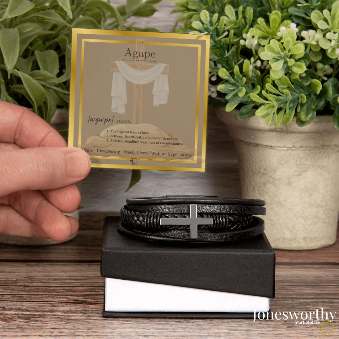 Agape Love Men's ✝️ Christian Cross Bracelet – Faith-Based Leather Bracelet Gift for Him, Husband or Boyfriend, Valentine's Day Anniversary Gift