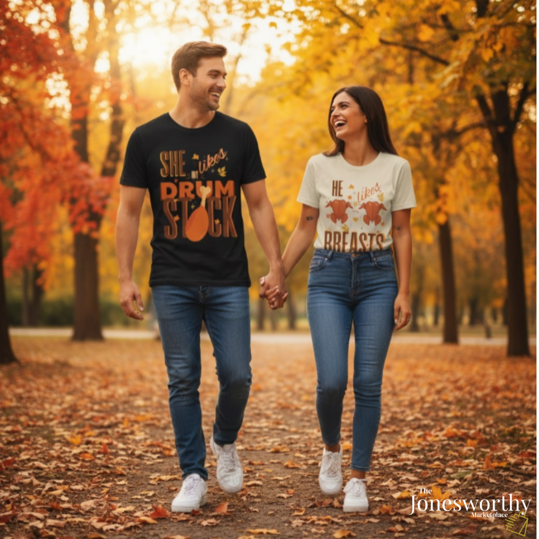 Funny Thanksgiving Couple Shirts – “She Likes My Drumstick” & “He Likes My Turkey Breasts” | Unisex Heavy Cotton Fall Tees