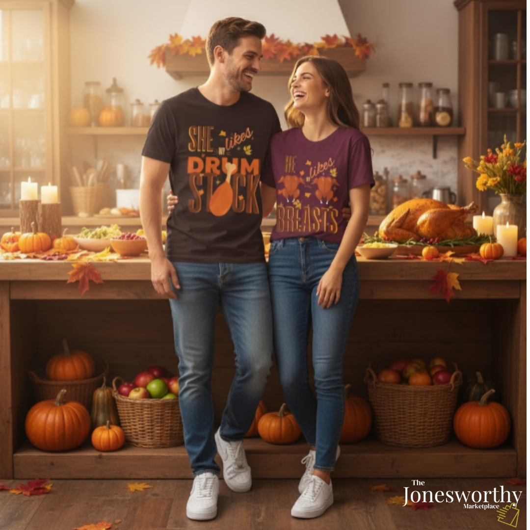 Funny Thanksgiving Couple Shirts – “She Likes My Drumstick” & “He Likes My Turkey Breasts” | Unisex Heavy Cotton Fall Tees