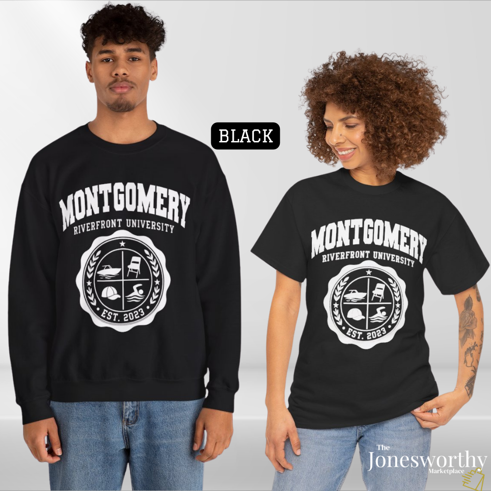 Montgomery Riverfront Shirt or Crewneck, Black Culture College Style Tee, Folding Chair Inspired Sweatshirt, Est 2023