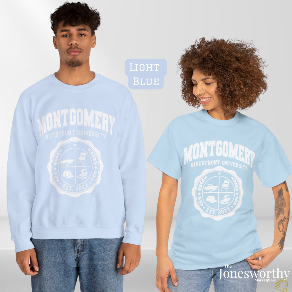 Montgomery Riverfront Shirt or Crewneck, Black Culture College Style Tee, Folding Chair Inspired Sweatshirt, Est 2023