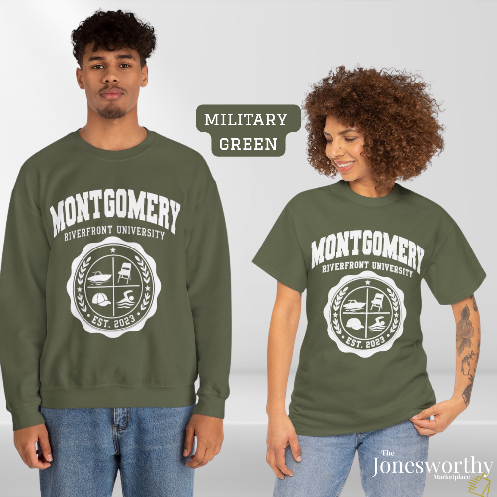 Montgomery Riverfront Shirt or Crewneck, Black Culture College Style Tee, Folding Chair Inspired Sweatshirt, Est 2023