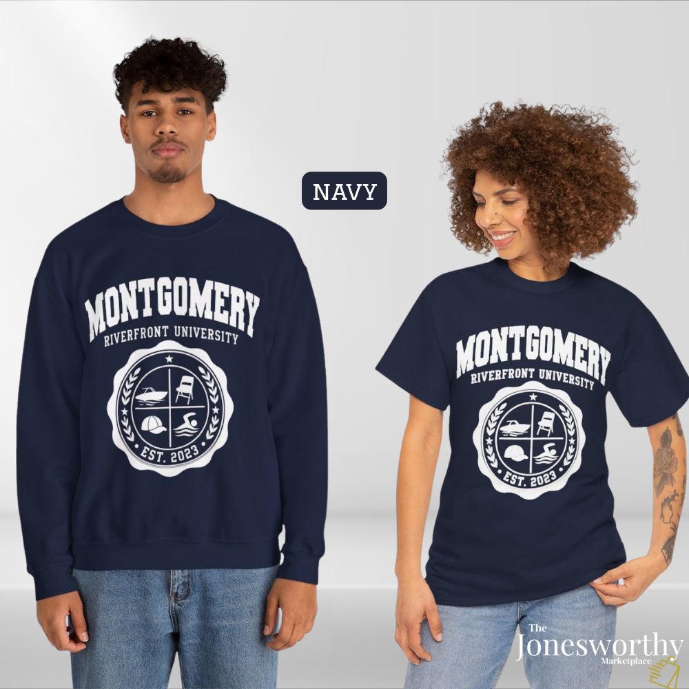 Montgomery Riverfront Shirt or Crewneck, Black Culture College Style Tee, Folding Chair Inspired Sweatshirt, Est 2023