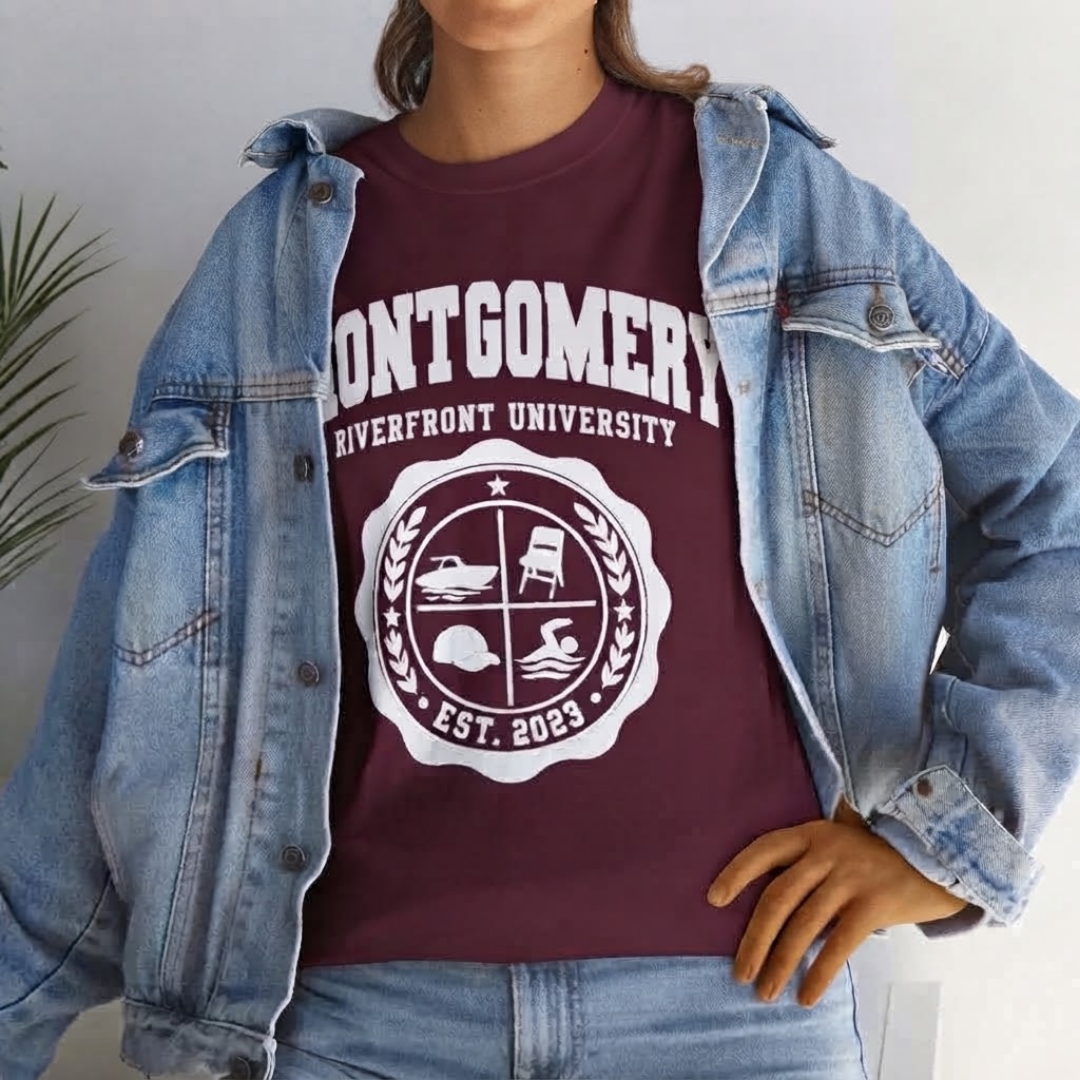Montgomery Riverfront Shirt or Crewneck, Black Culture College Style Tee, Folding Chair Inspired Sweatshirt, Est 2023