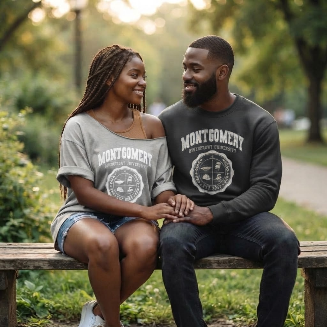 Montgomery Riverfront Shirt or Crewneck, Black Culture College Style Tee, Folding Chair Inspired Sweatshirt, Est 2023