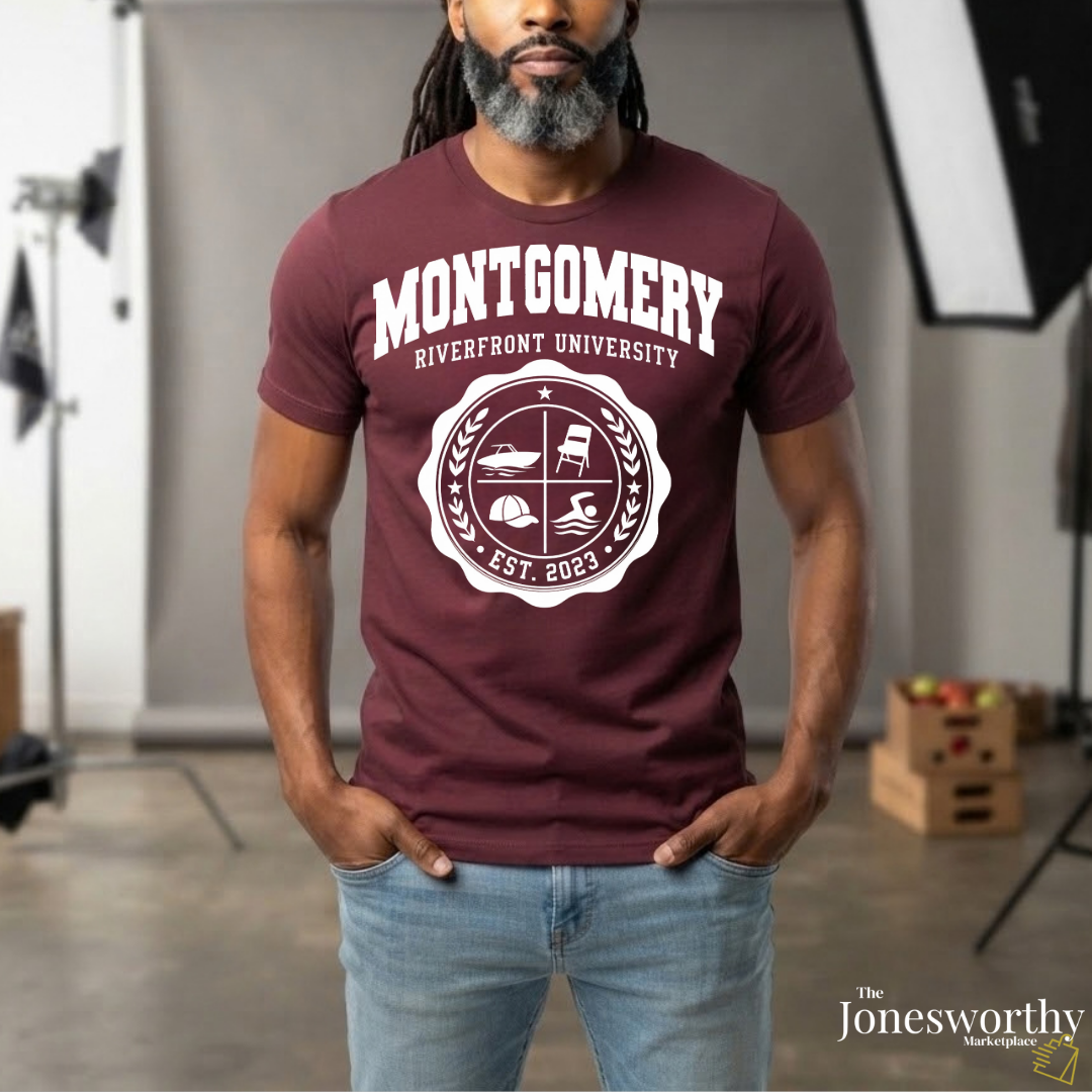 Montgomery Riverfront Shirt or Crewneck, Black Culture College Style Tee, Folding Chair Inspired Sweatshirt, Est 2023