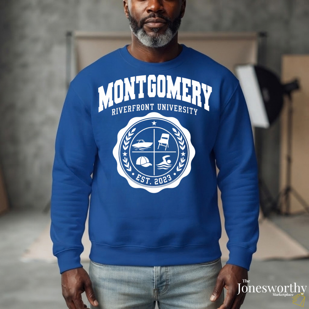 Montgomery Riverfront Shirt or Crewneck, Black Culture College Style Tee, Folding Chair Inspired Sweatshirt, Est 2023