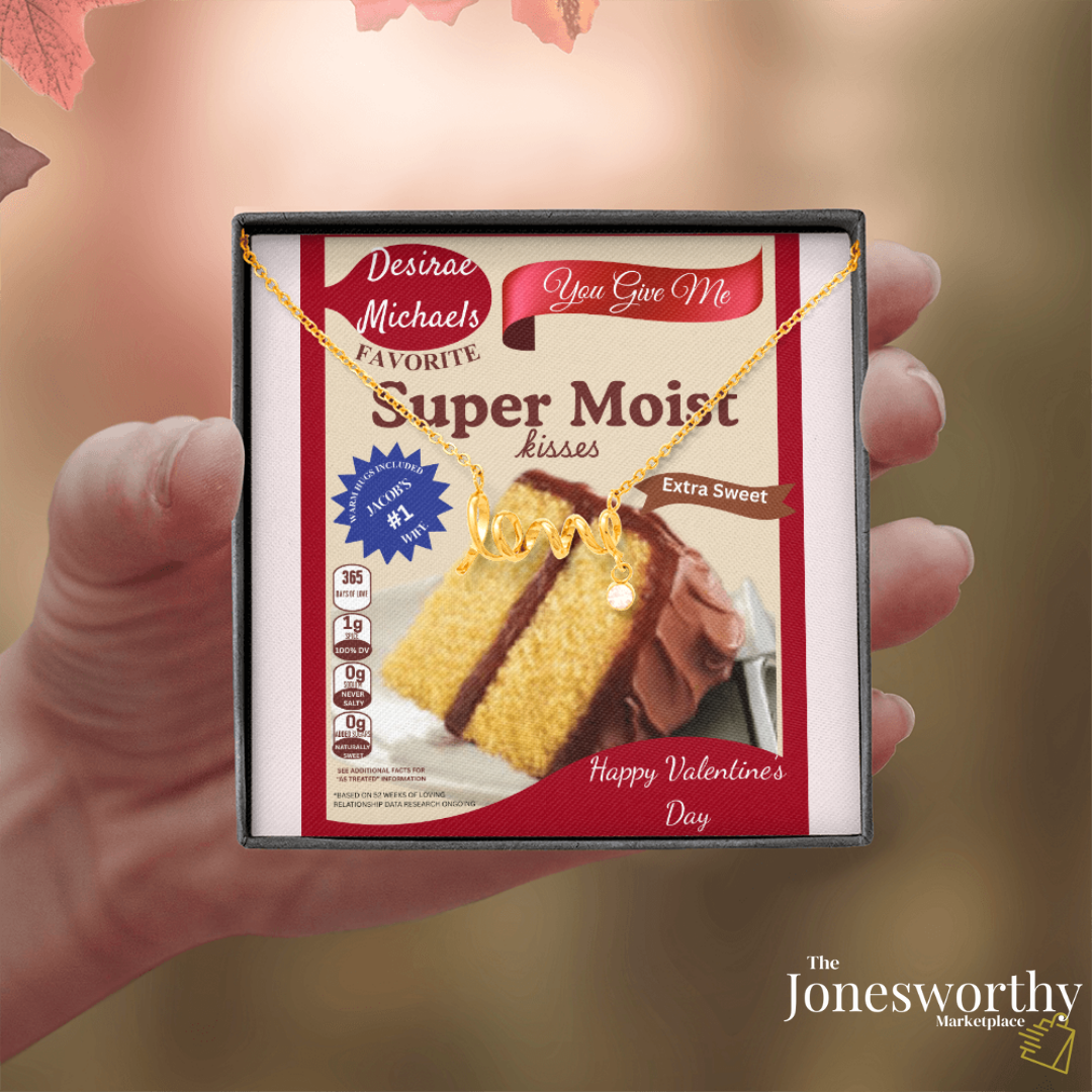 Scripted Love Necklace Gift with Funny Yellow Cake Message Card – Personalized Jewelry for Her | Valentine's Day | Anniversary | Birthday