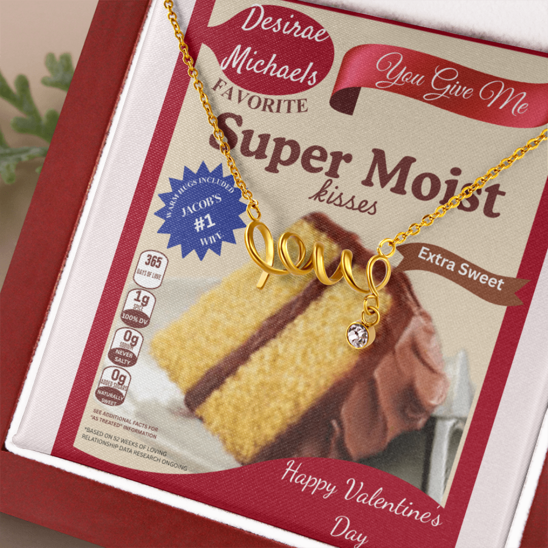 Scripted Love Necklace Gift with Funny Yellow Cake Message Card – Personalized Jewelry for Her | Valentine's Day | Anniversary | Birthday