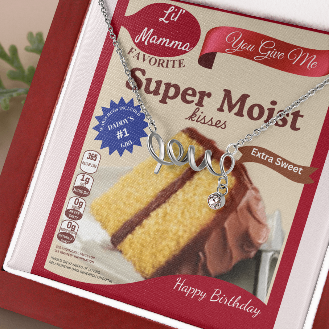 Scripted Love Necklace Gift with Funny Yellow Cake Message Card – Personalized Jewelry for Her | Valentine's Day | Anniversary | Birthday