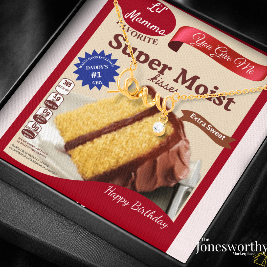 Scripted Love Necklace Gift with Funny Yellow Cake Message Card – Personalized Jewelry for Her | Valentine's Day | Anniversary | Birthday