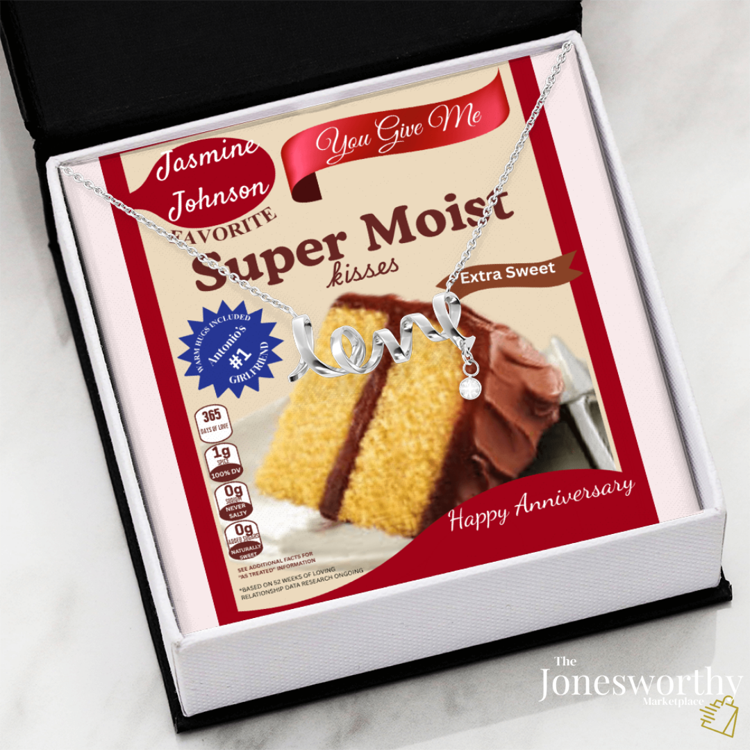 Scripted Love Necklace Gift with Funny Yellow Cake Message Card – Personalized Jewelry for Her | Valentine's Day | Anniversary | Birthday