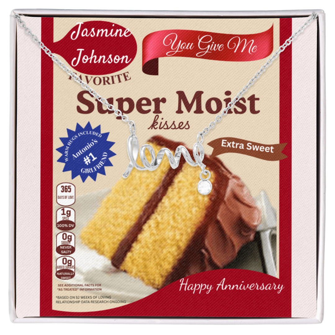 Scripted Love Necklace Gift with Funny Yellow Cake Message Card – Personalized Jewelry for Her | Valentine's Day | Anniversary | Birthday