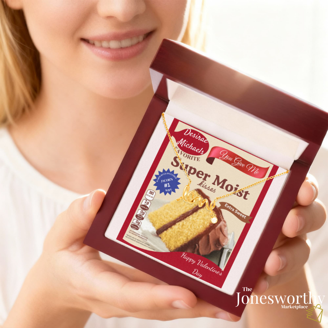 Scripted Love Necklace Gift with Funny Yellow Cake Message Card – Personalized Jewelry for Her | Valentine's Day | Anniversary | Birthday