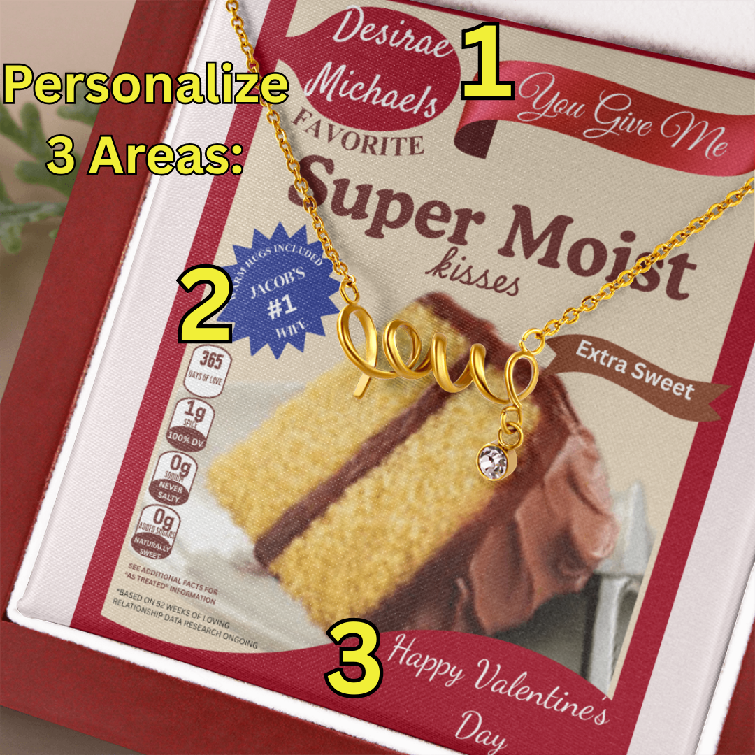 Scripted Love Necklace Gift with Funny Yellow Cake Message Card – Personalized Jewelry for Her | Valentine's Day | Anniversary | Birthday