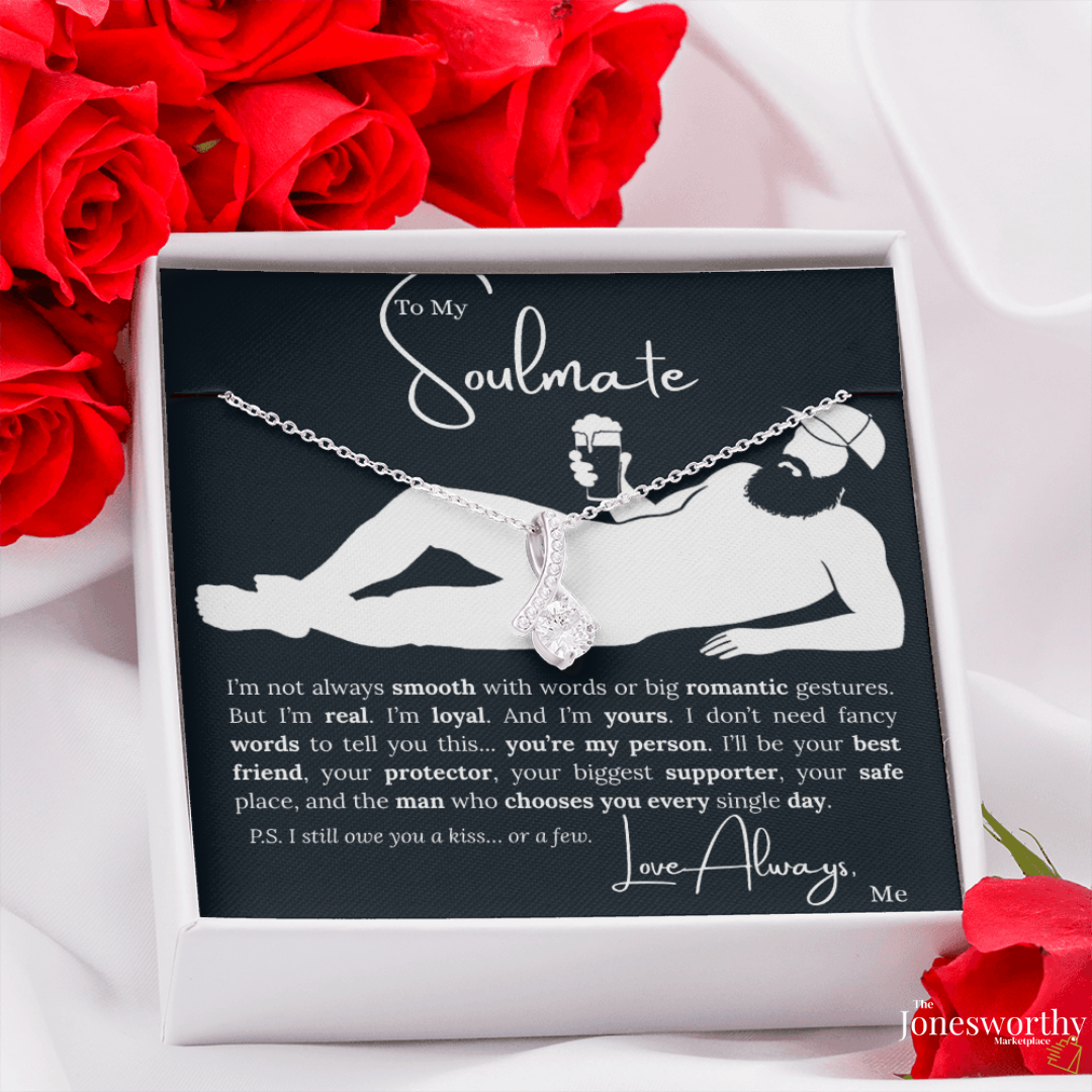 To My Soulmate Necklace - Ribbon Pendant, Funny Message Card | Anniversary, Valentine's Day, Birthday