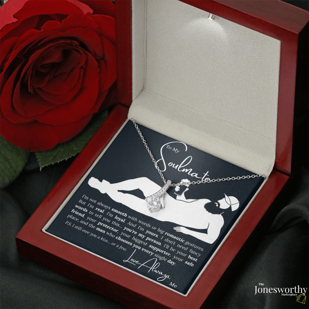 To My Soulmate Necklace - Ribbon Pendant, Funny Message Card | Anniversary, Valentine's Day, Birthday