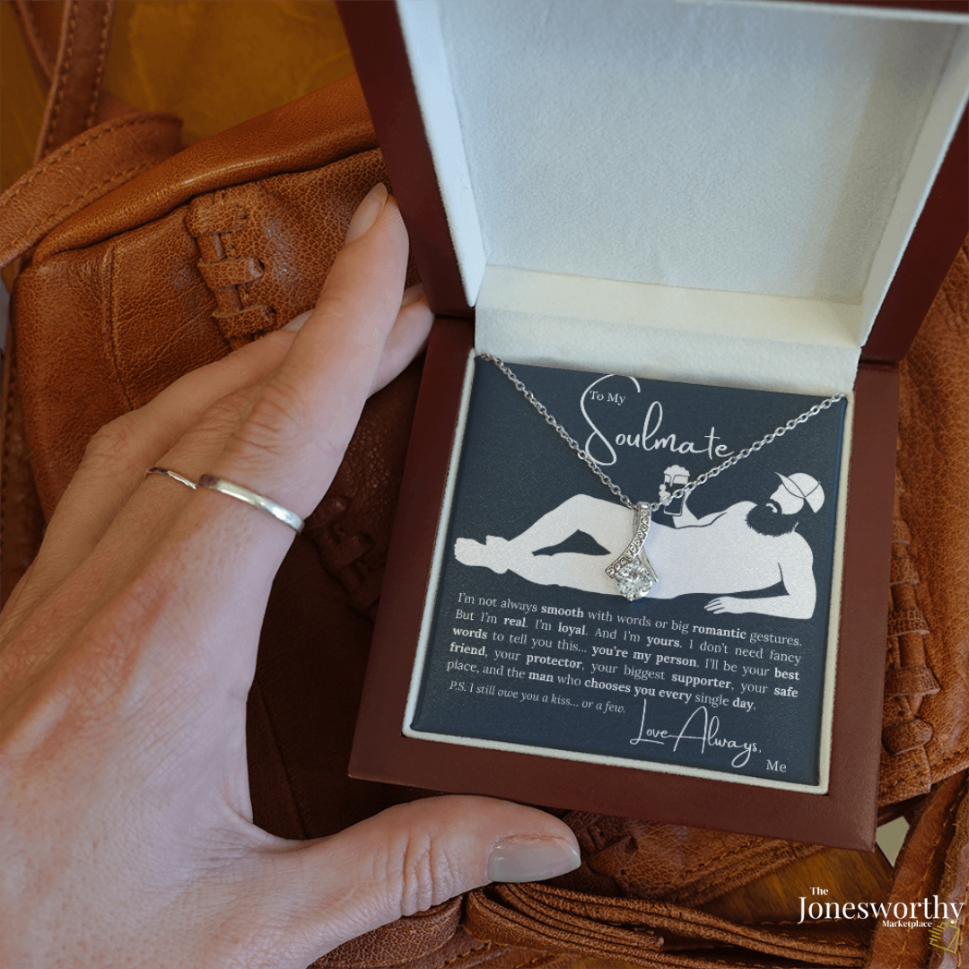 To My Soulmate Necklace - Ribbon Pendant, Funny Message Card | Anniversary, Valentine's Day, Birthday