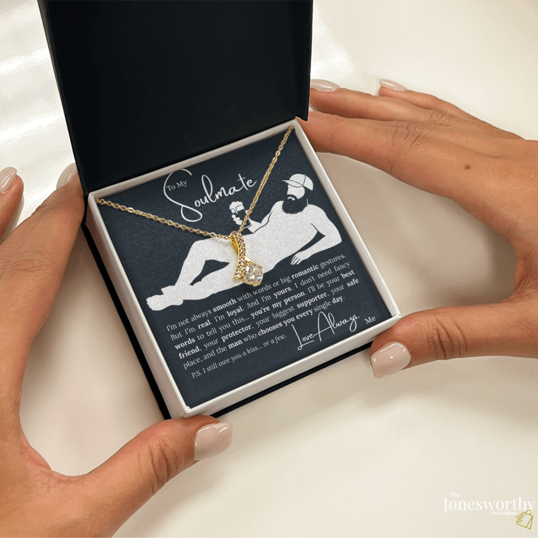 To My Soulmate Necklace - Ribbon Pendant, Funny Message Card | Anniversary, Valentine's Day, Birthday