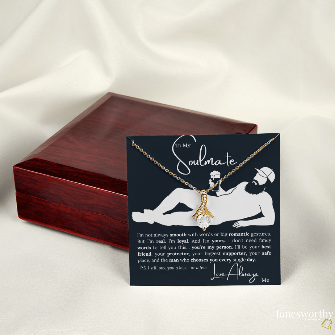 To My Soulmate Necklace - Ribbon Pendant, Funny Message Card | Anniversary, Valentine's Day, Birthday