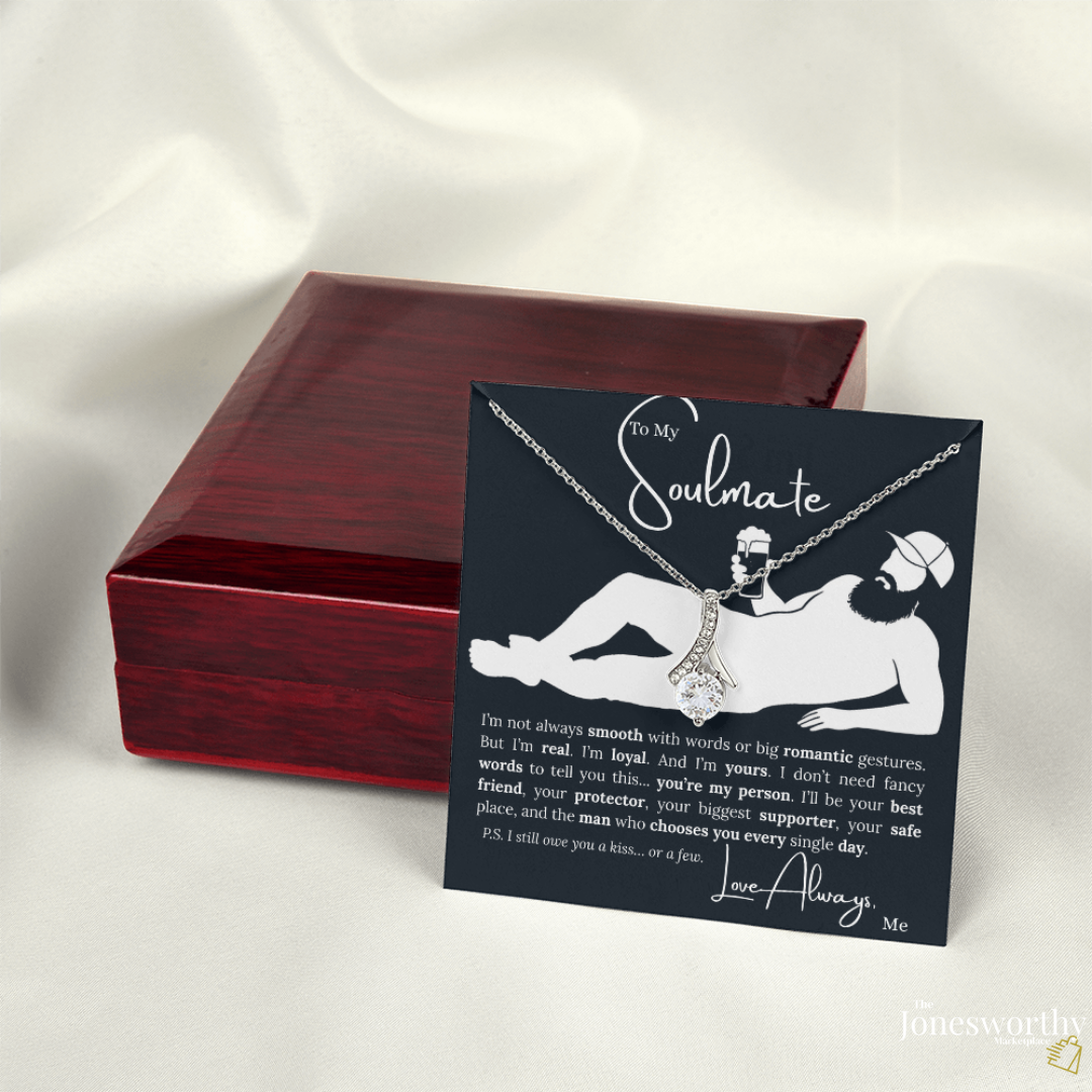 To My Soulmate Necklace - Ribbon Pendant, Funny Message Card | Anniversary, Valentine's Day, Birthday