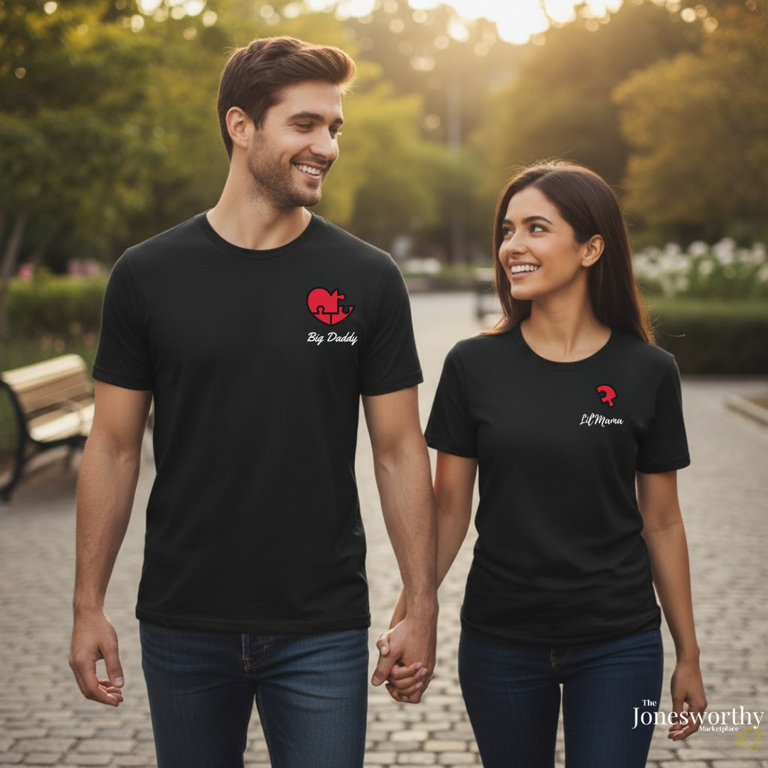 Puzzle Piece Heart Couples Shirt Set • Custom Matching T-Shirts • Personalized Name Tees • Unisex Black Gildan 5000 • Valentine’s, Anniversary Gift