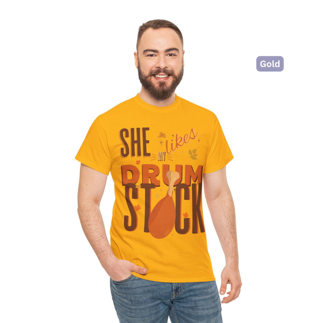 Funny Thanksgiving Couple Shirts – “She Likes My Drumstick” & “He Likes My Turkey Breasts” | Unisex Heavy Cotton Fall Tees
