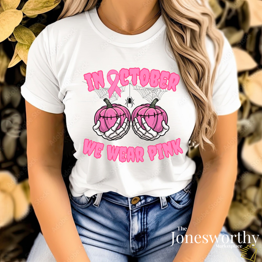 In October We Wear Pink Pumpkin Shirt | Breast Cancer Awareness Tee & Sweatshirt  | Breast Cancer Pink Ribbon Shirt