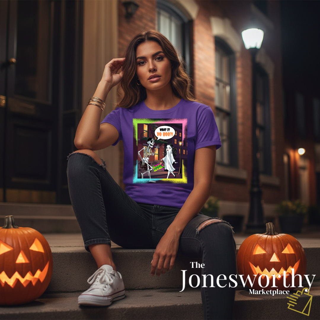 Funny Halloween Graphic Tee | Retro Hip-Hop Skeleton & Ghost |  What it Do BOO?! | Graffiti Unisex Heavy Cotton Shirt