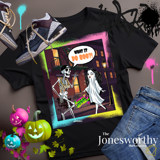 Funny Halloween Graphic Tee | Retro Hip-Hop Skeleton & Ghost |  What it Do BOO?! | Graffiti Unisex Heavy Cotton Shirt