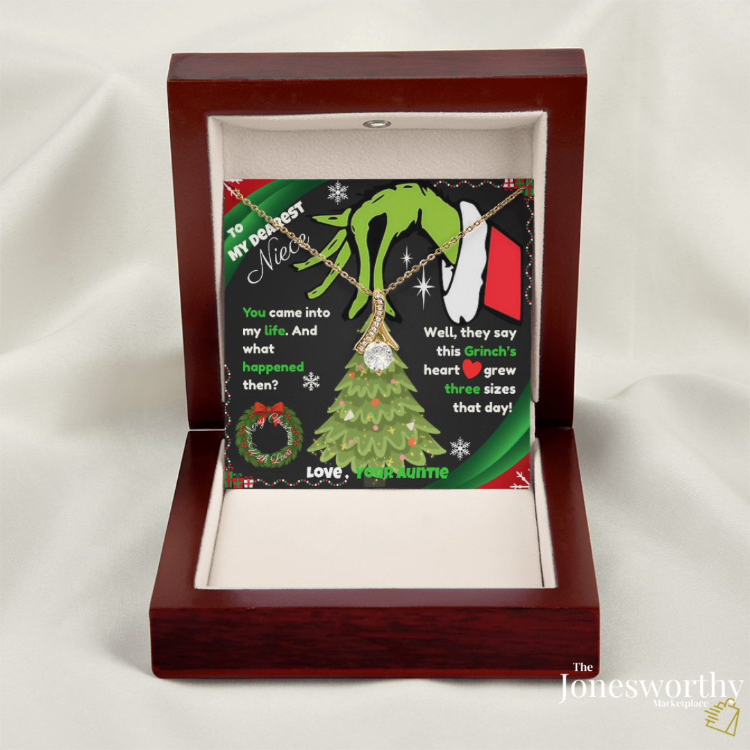 Christmas Necklace for Her – Personalized Alluring Necklace with Custom Message Card – “This Heart Grew Three Sizes” – Gift for Daughter, Sister, Niece, Granddaughter🎄✨