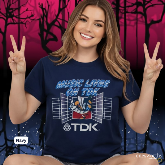 Music Lives on TDK Vintage  Wash 80s Comfort Colors Shirt & Sweatshirt | Retro Cassette Graphic Tee | Upside down World Aesthetic |