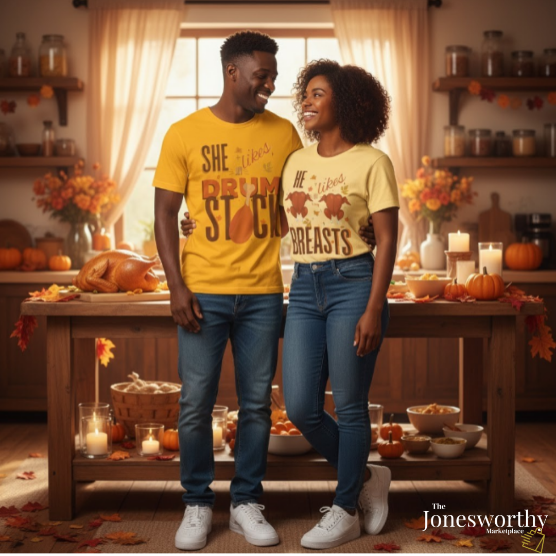 Funny Thanksgiving Couple Shirts – “She Likes My Drumstick” & “He Likes My Turkey Breasts” | Unisex Heavy Cotton Fall Tees