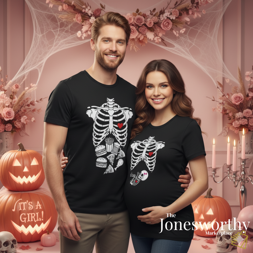 Funny Halloween Pregnancy Couple T-shirt | Pregnancy Announcement | Gender Reveal Mom & Dad Shirts | Baby Skeleton, It's A Girl, Boy or Twins