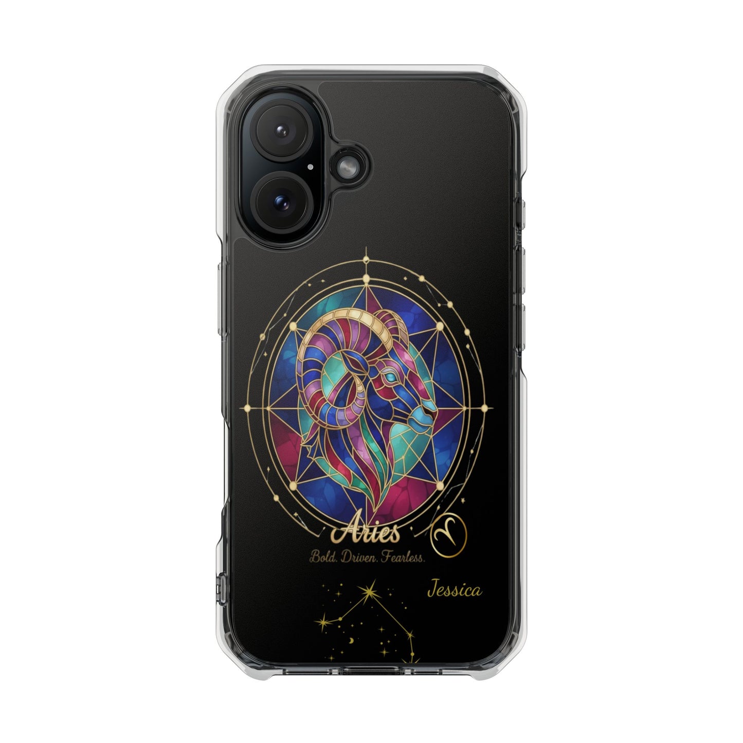 Zodiac Phone Case Fits iPhone 16 | 16 Pro | 16 Plus | 16 Pro Max MagSafe: Faux Stained Glass, Personalized Name