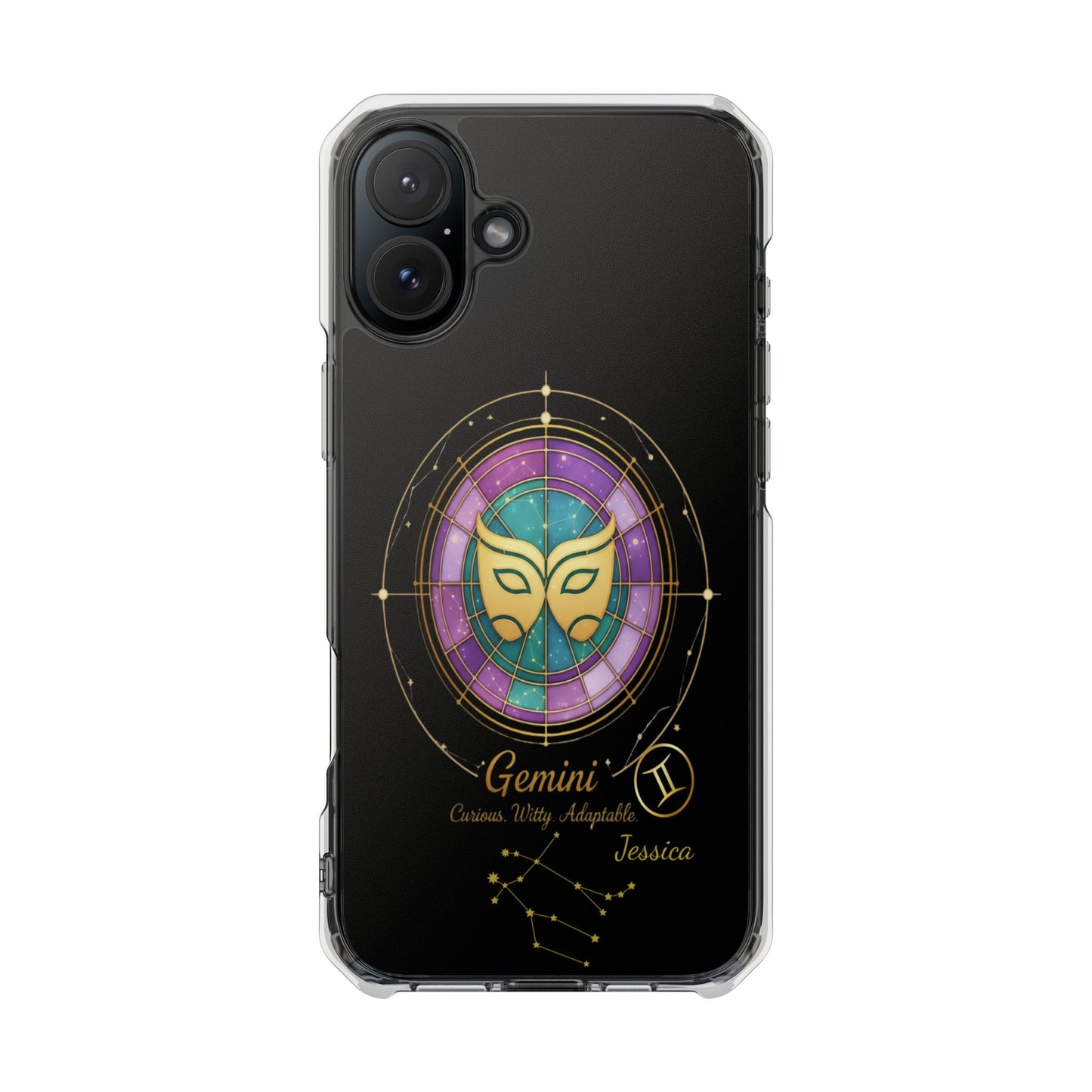 Zodiac Phone Case Fits iPhone 16 | 16 Pro | 16 Plus | 16 Pro Max MagSafe: Faux Stained Glass, Personalized Name