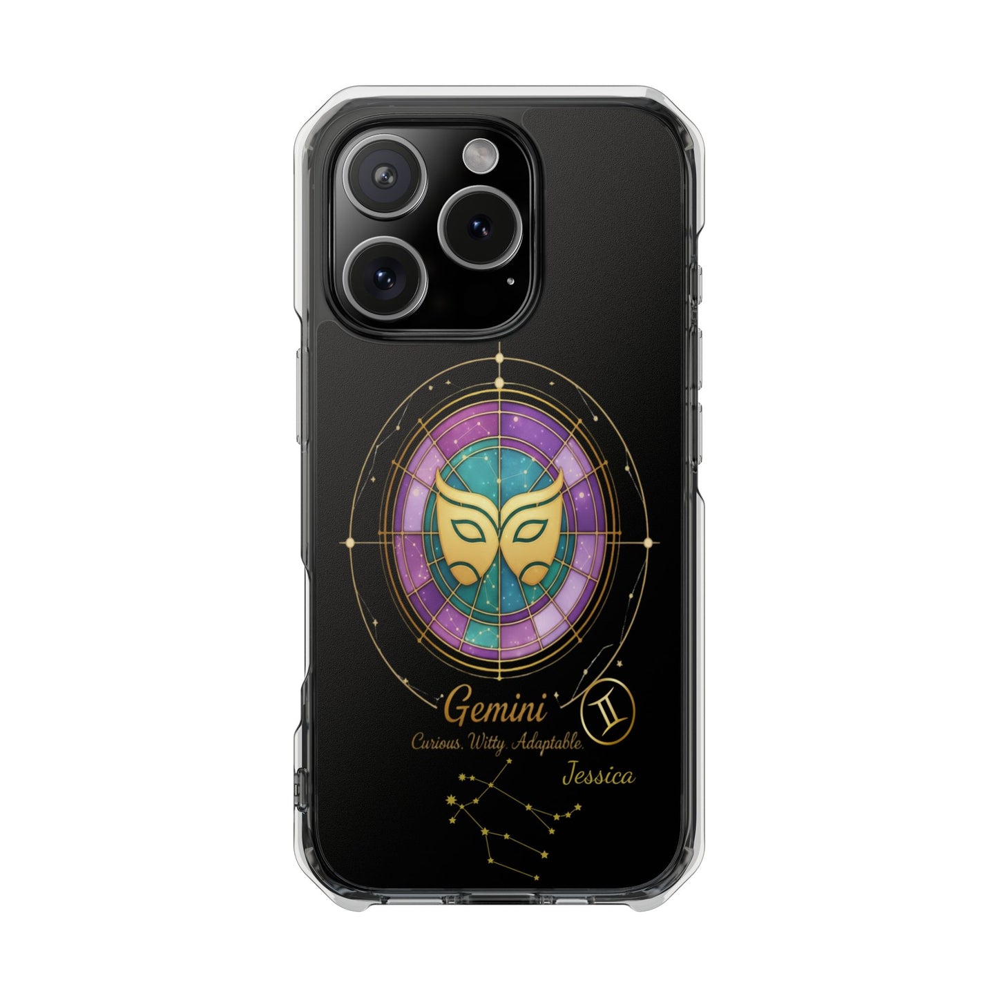 Zodiac Phone Case Fits iPhone 16 | 16 Pro | 16 Plus | 16 Pro Max MagSafe: Faux Stained Glass, Personalized Name