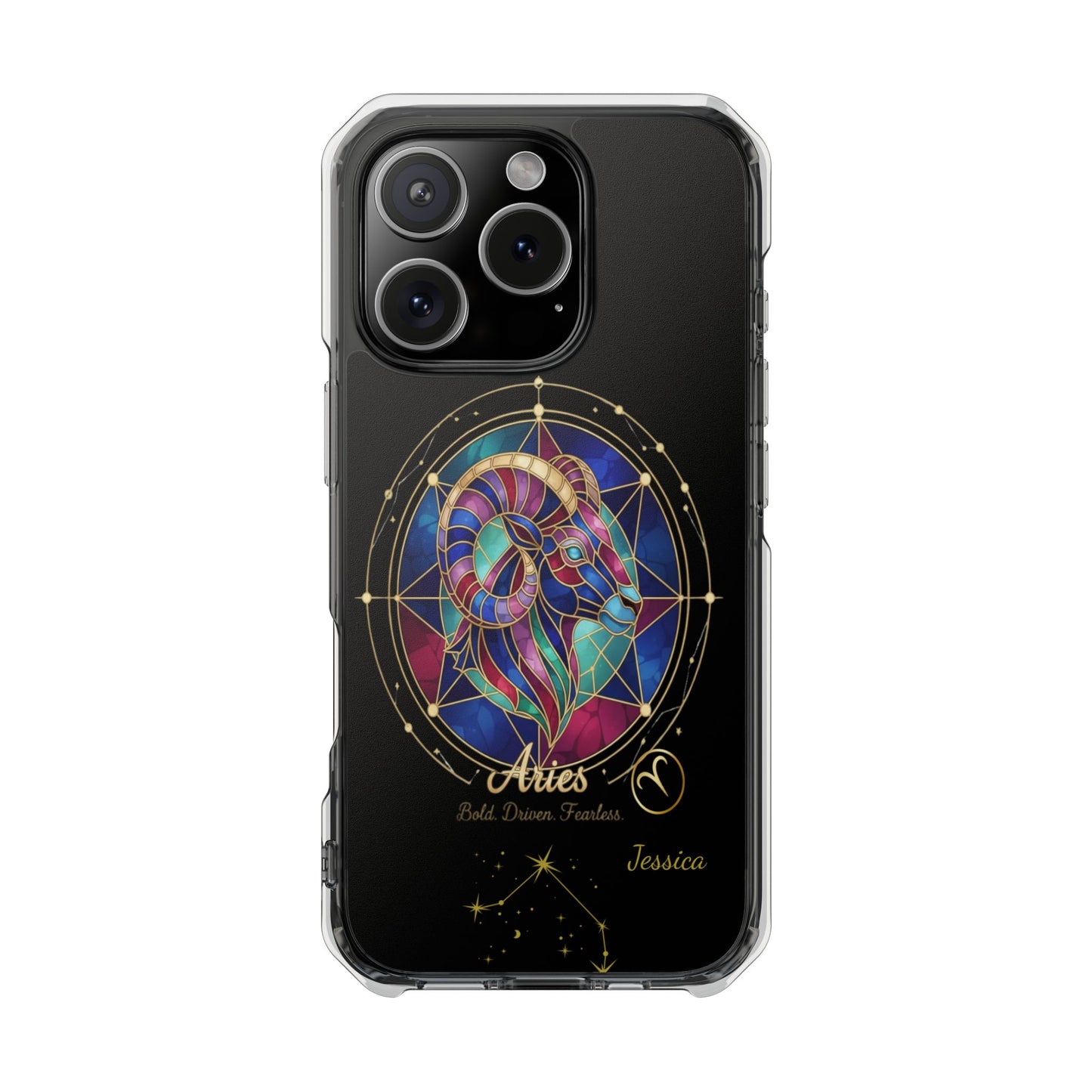Zodiac Phone Case Fits iPhone 16 | 16 Pro | 16 Plus | 16 Pro Max MagSafe: Faux Stained Glass, Personalized Name