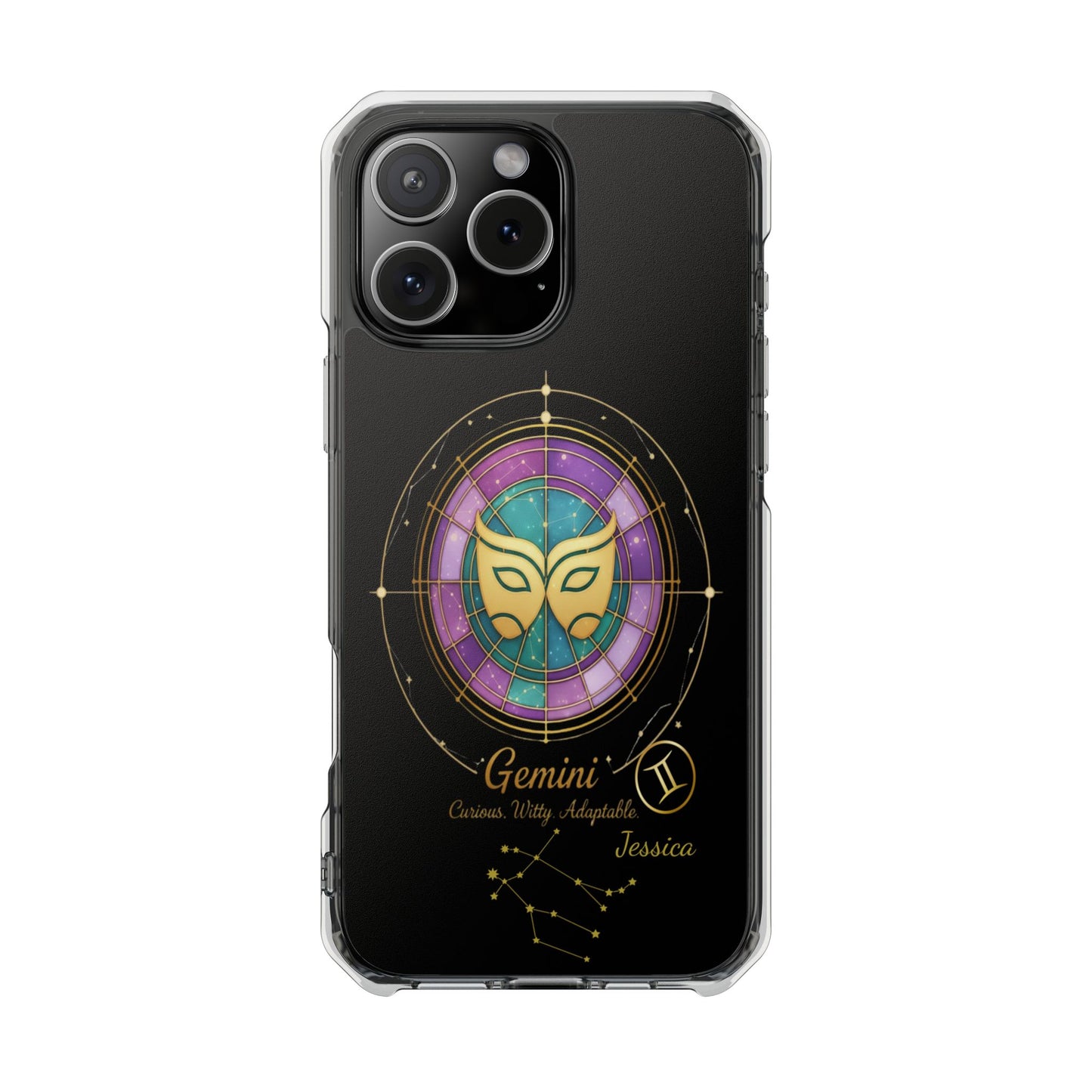 Zodiac Phone Case Fits iPhone 16 | 16 Pro | 16 Plus | 16 Pro Max MagSafe: Faux Stained Glass, Personalized Name