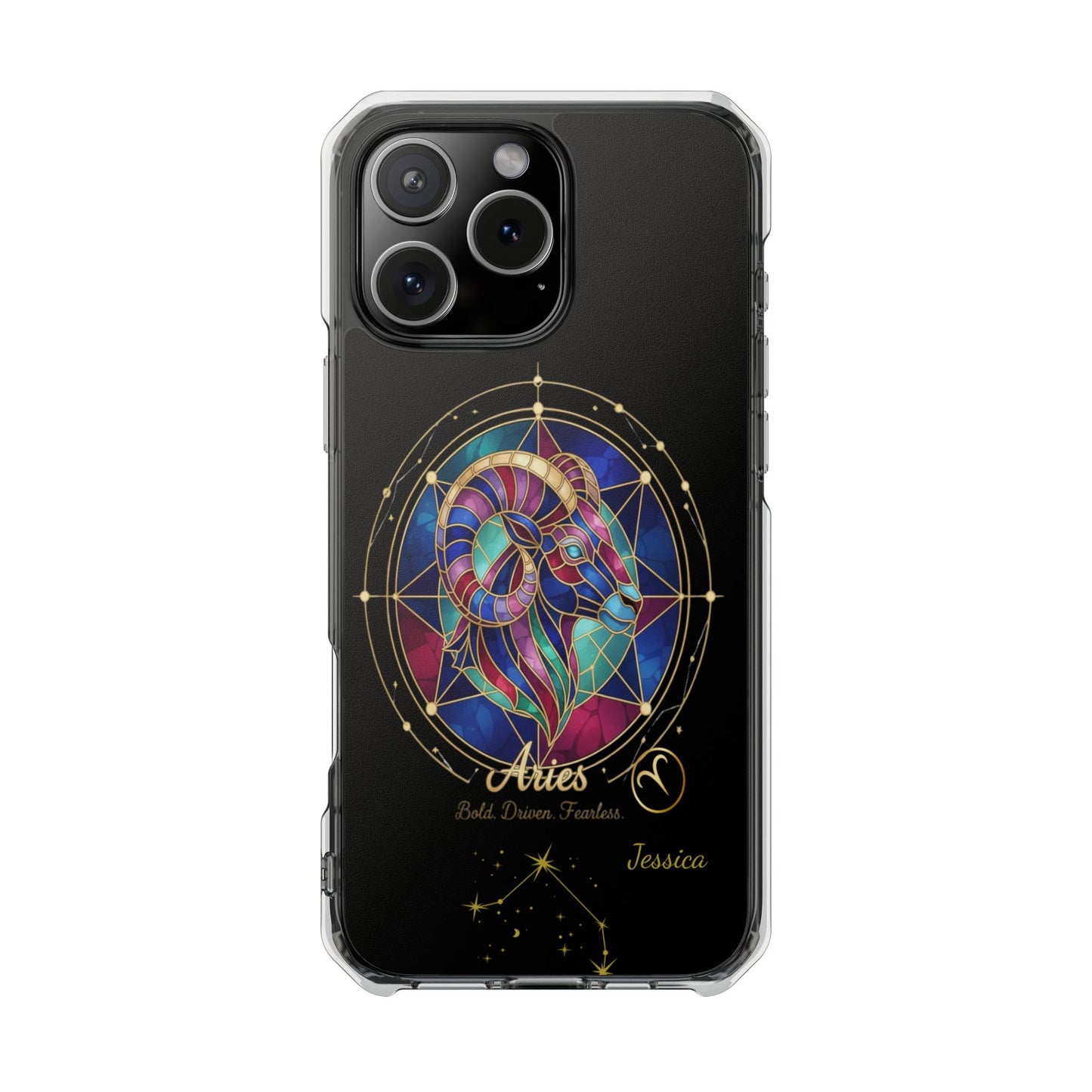 Zodiac Phone Case Fits iPhone 16 | 16 Pro | 16 Plus | 16 Pro Max MagSafe: Faux Stained Glass, Personalized Name