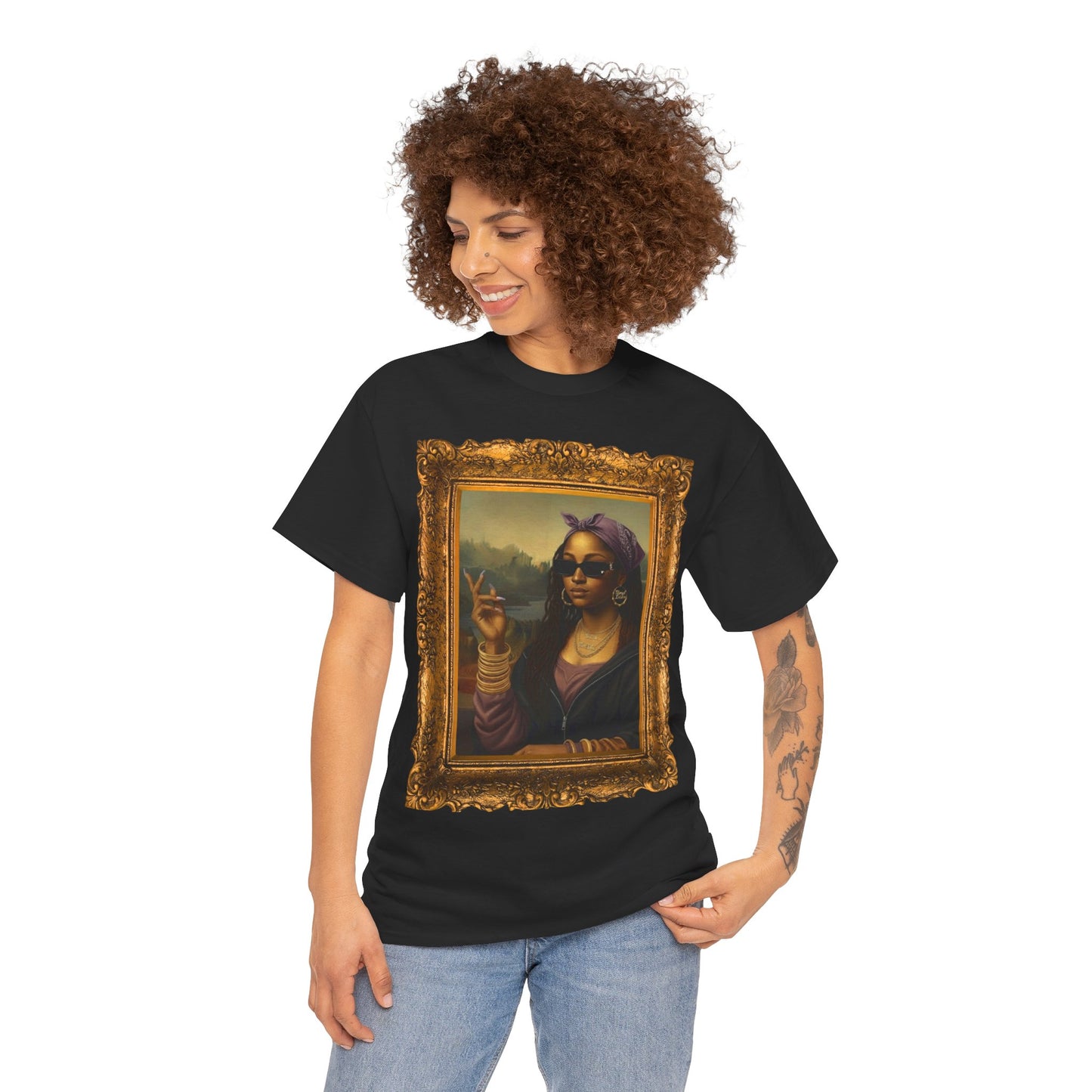 Monét Leisha Black Mona Lisa Hoodie, Sweatshirt & T-Shirt| Modern African American Art Streetwear | Vintage Gold Frame Design